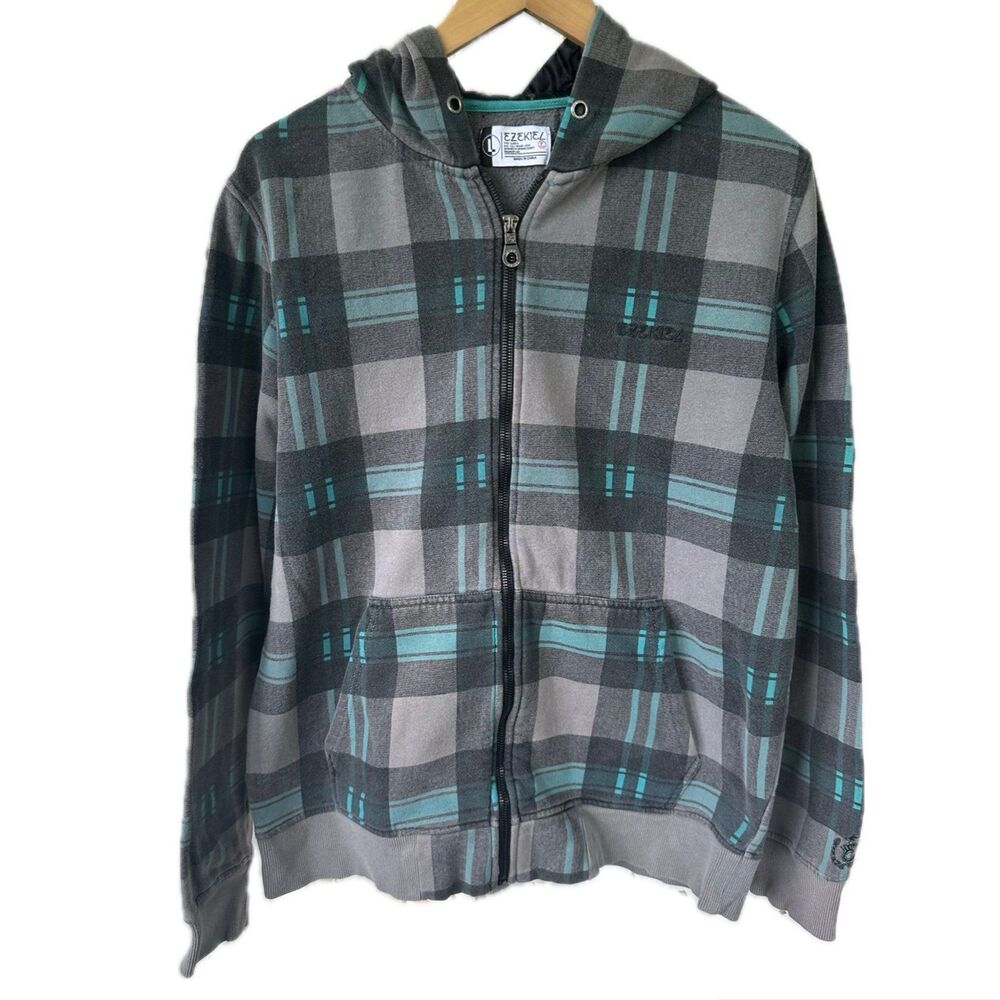Ezekiel Men's Gray Black Fleece Lined Plaid Pockets Zip Up Hoodie Jacket L